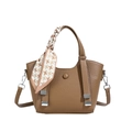 Brown litchi grain bucket bag with a silk scarf handle and adjustable shoulder strap - Khaki