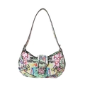White half-moon shoulder bag with colorful graffiti prints and adjustable strap - White