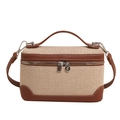 Sac bandoulière boîte en toile beige avec bordure en cuir marron et poignée au style épuré - Marron