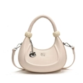 Minimalist cream crescent handbag with chunky round handle and silver G pendant - White