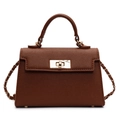 Braune Kelly-Handtasche mit Lychee-Struktur, Goldverschluss und Kettenriemen - Klein / Braun