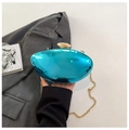 Metallic blue hard shell evening clutch bag with golden pebble clasp and chain strap - Blue