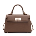 Brown cross-grain leather trapezoid handbag with gold rotary buckle and chain strap - Large / Khaki