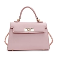 Light pink pebbled leather crossbody bag with top handle and gold chain strap - Large / Pink