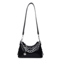 Black patent leather underarm bag with silver chain strap and polished finish - Black