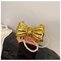 Mini bow-shaped gold evening bag with elegant pearl chain strap for women - Gold With Pearl Chain