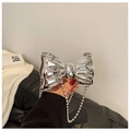 Mini silver bow clutch bag with metallic mirror finish and pearl bead chain strap - Silver With Round Bead Chain