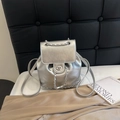 Mini silver backpack in metallic faux leather with chain straps and turn-lock closure - No Pendant / Silver