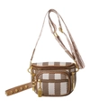 Brown geometric stripe saddle bag with wide shoulder strap and gold hardware accents - Brown