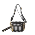 Crossbody bag with black and white checkerboard pattern and wide geometric strap - Black