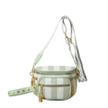Light green checkered chest bag with geometric woven strap and golden zipper hardware - Green