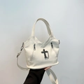 White lychee pattern cross shoulder bag with gothic chain and silver accents - White