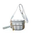 Blue and white plaid crossbody bag with multi-zipper pockets and wavy pattern strap - Blue