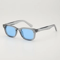 Retro grey frame sunglasses with light blue lenses and metal rivets in a classic square design - Translucent Gray Frame / Blue Lens