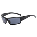 Cyberpunk style black athletic rectangular sunglasses with wide temples and dark grey lenses - Bright Black Frame Grey Lens