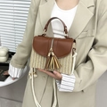 Borsa a tracolla in paglia con patta in pelle marrone e dettagli con frange - Marrone