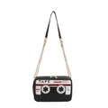 Retro cassette tape shaped crossbody bag in black leather with golden metal chain - Black