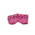 Macro shot of metallic pink hard-shell evening clutch with sculptural wing shape and gold chain - Rose Red