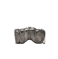 Macro view of gunmetal clutch bag with liquid metal wave texture and chain strap - Gunmetal
