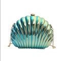 Elegant shell evening bag with green gold gradient metallic finish and golden chain strap - Iridescent Blue