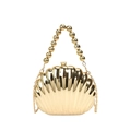 Elegante goldene Abendtasche in Muschelform mit Perlenhaendel und langer Metallkette - Mit Perlenhandgriffkette / Gold