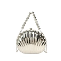 Silberne Abendtasche in Muschelform mit Perlengriff und Metallkettenriemen - Mit Perlenhandgriffkette / Silber