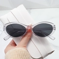 Detailed shot of retro oval sunglasses in grey frame with a white leather pouch - Translucent Grey Frame Grey Lens