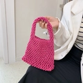 Handmade magenta cotton cord hollow woven handbag for summer beach or casual shoulder carry - Rose Red