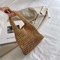 Handmade woven cotton rope hollow beach bag for women in tan with shoulder straps - Khaki