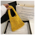 Bright yellow hand-woven cotton rope mesh tote bag with integrated top handles for summer - Yellow