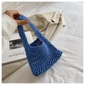 Handmade hollow knit tote bag in vibrant blue cotton rope for summer beach outings - Blue
