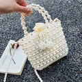 Handmade cream white acrylic pearl bucket bag with rose ribbon and pearl crossbody strap - White