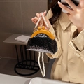 Elegante schwarze Pailletten-Abendtasche mit Perlenkette und Holzrahmen-Verschluss - Schwarz
