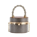 Silberne Strass-Zylinder-Abendtasche mit Goldgriff und einem Deckel aus Leder - Braun