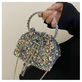 Detail of sequin bucket bag with rhinestone ring handle and elegant metal chain tassel - Grey Blue