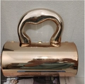 Cylindrical acrylic evening clutch bag in rose gold mirror finish with thick top handle - Champagne