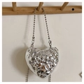 Detail of silver heart-shaped mini bag with liquid metal ripple texture and bead chain - Style 2 Silver (Thin Bead Shoulder Strap)