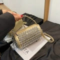 Champagnegouden cilindrische emmertas met strass en metalen ketting voor dames - Goud