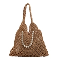 Boho-Strandtasche aus geflochtenem Netz in Braun mit Perlenkette für den Sommerurlaub - Khaki Mit Perlen