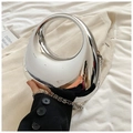 Futuristic silver mirror clutch with integrated round handle and metal chain strap - Silver