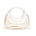Detail of transparent acrylic box bag featuring circular handle and gold metal chain strap - Clear