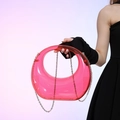 Transparent rose pink acrylic crescent handbag with silver metal chain strap for women - Neon Red