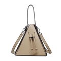 Chic beige triangular leather handbag with modern drawstring detail and long top handles - Khaki