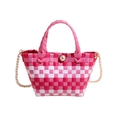 Pink and white woven basket bag with large pearl clasp and pearl crossbody strap - Pink