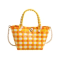 Handmade woven basket bag in yellow and orange plaid with pearl strap and buckle - Yellow