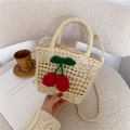 Handmade cream straw bag with red crochet cherry charms for summer beach outings - Off White