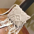 White macramé cotton rope crossbody bag with fringe tassels and woven diamond pattern - White