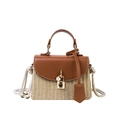 Straw square handbag with brown leather flap and white cotton rope strap for beach fashion - Brown
