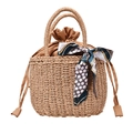 Sac seau en paille avec poignée en foulard de soie et doublure à cordon pour la plage - Kaki