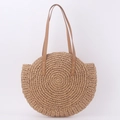 Summer round straw shoulder bag with spiral woven texture and brown leather strap - Camel